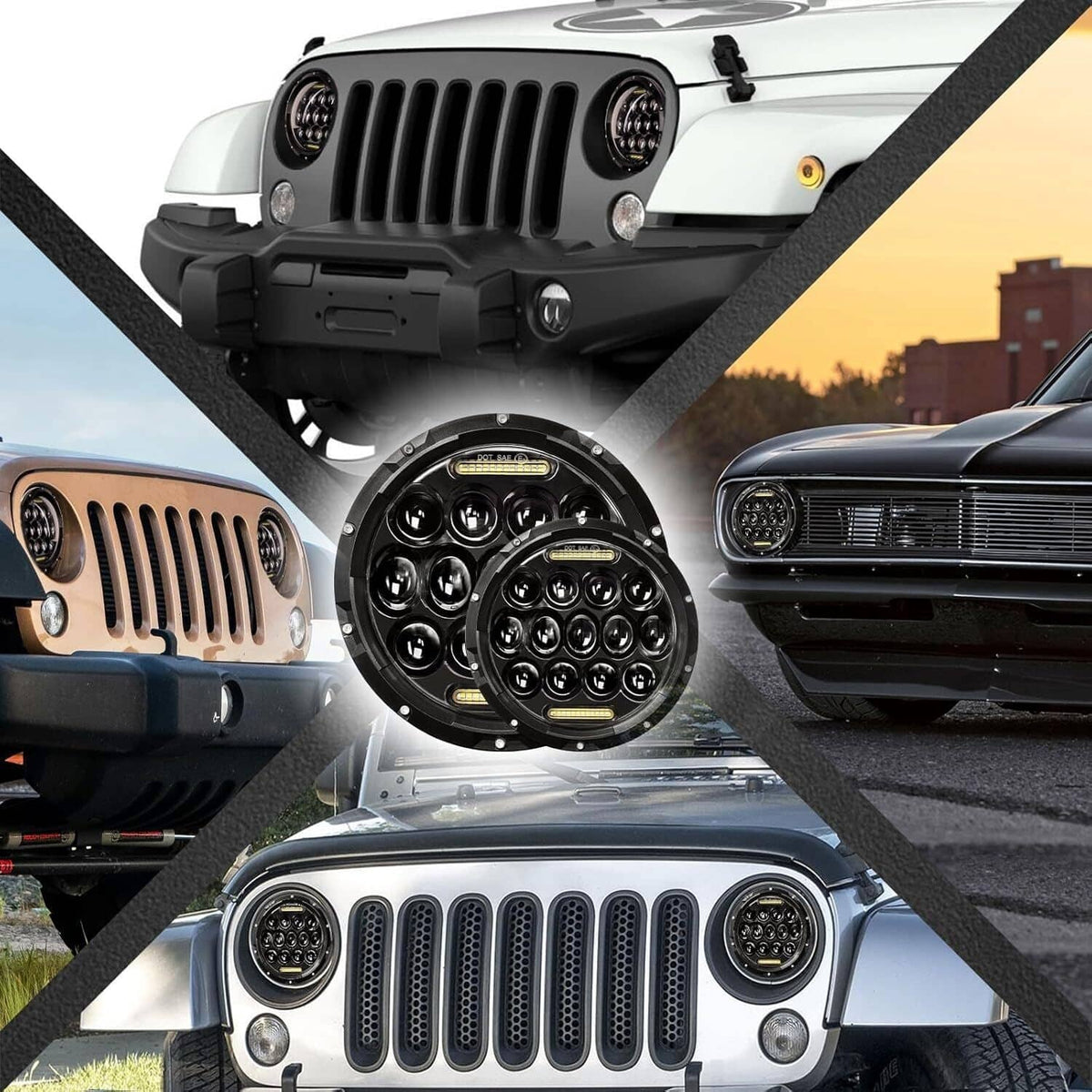 Round LED headlights installed on a Jeep grille, black housings with bright white LEDs