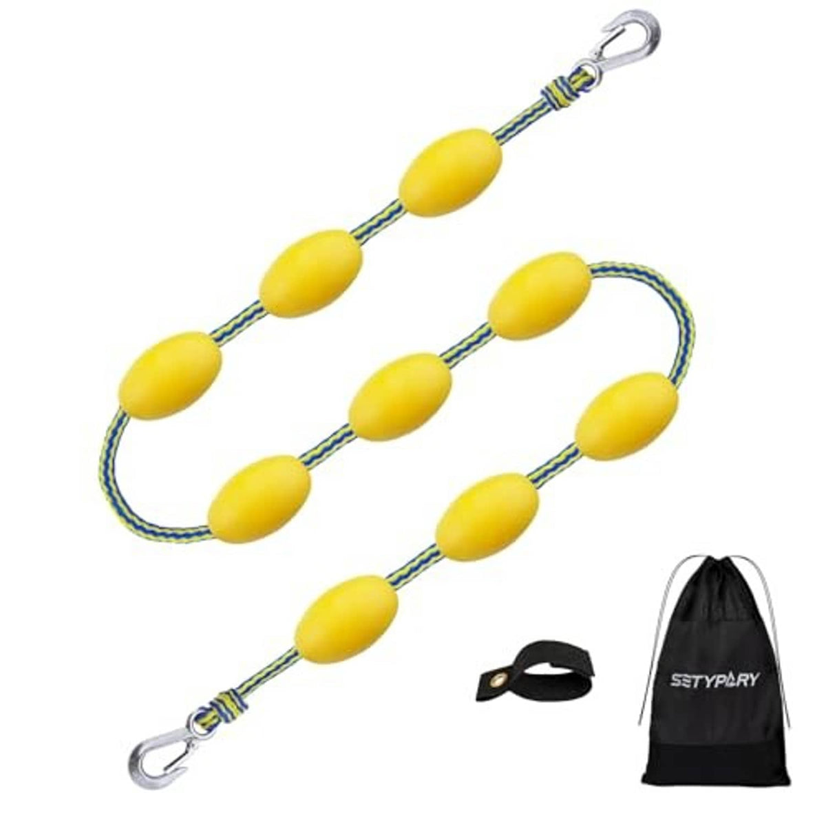 Floating tow rope bundle with yellow float balls, metal hook, and black storage bag