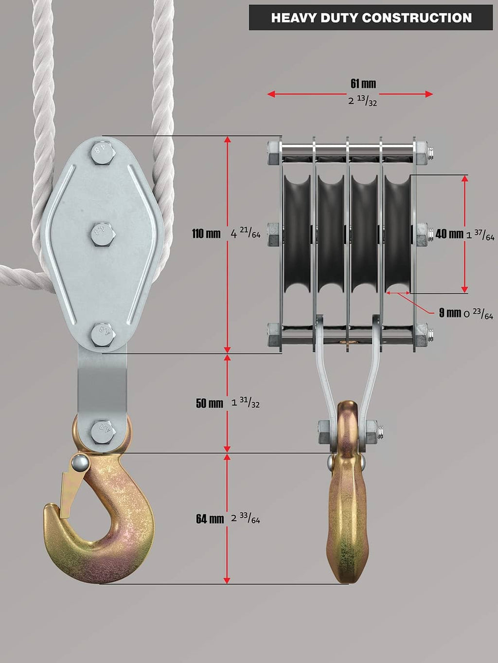 Block and tackle pulley system diagram with 4 pulleys, hooks, and dimension markers