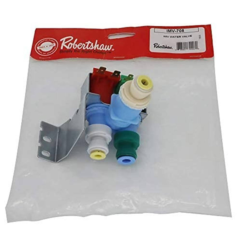 IMV water valve assembly with blue and green plastic fittings and metal mounting bracket