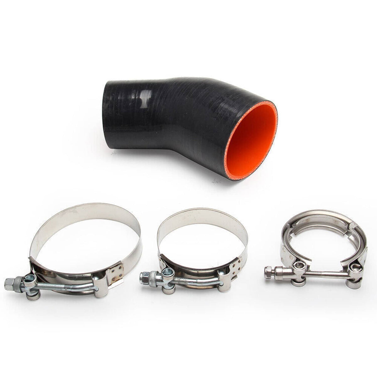 Black silicone intake elbow pipe with orange inside and stainless hose clamps