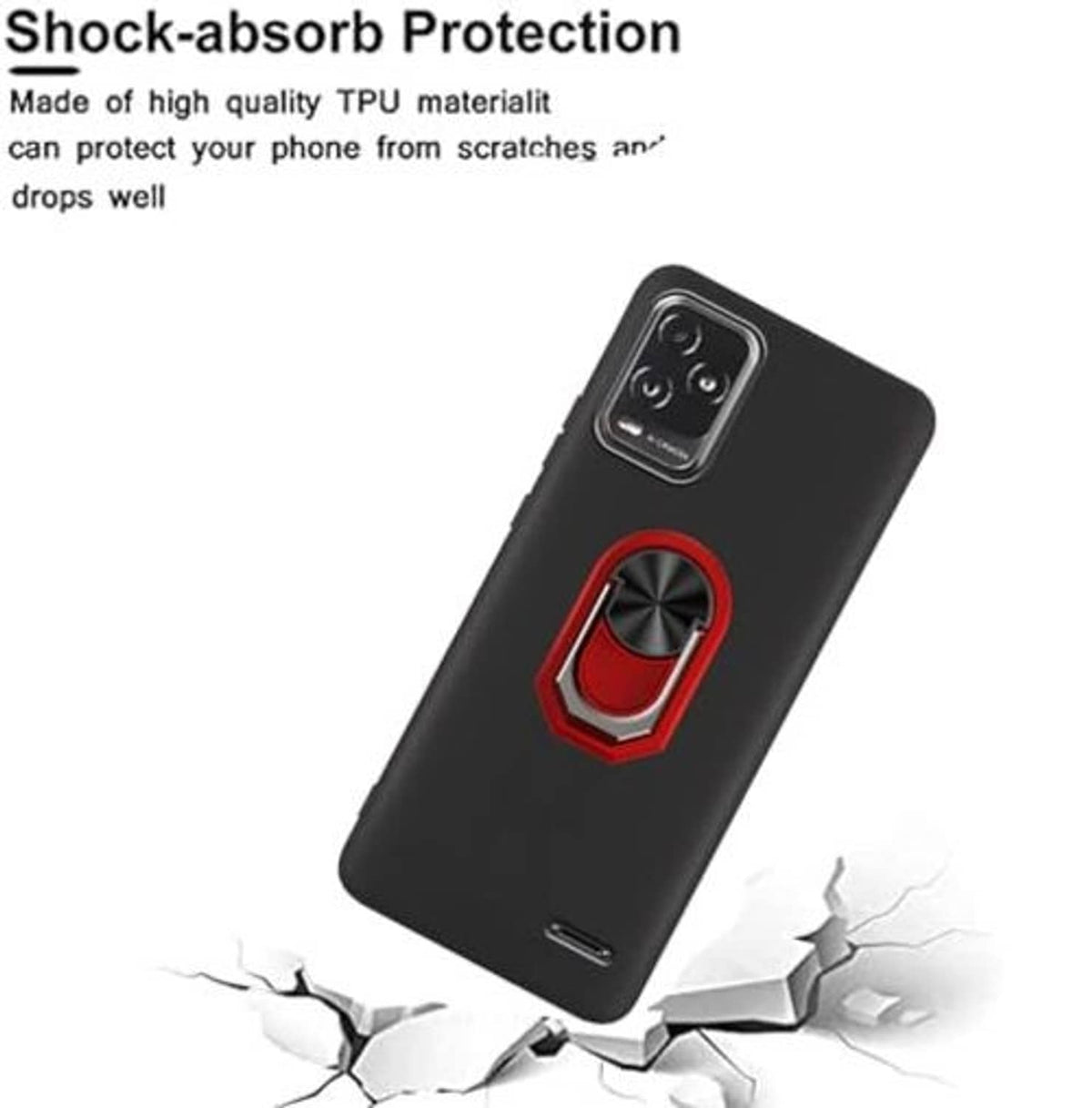 Shock-absorbing black TPU phone case with red ring kickstand and camera openings