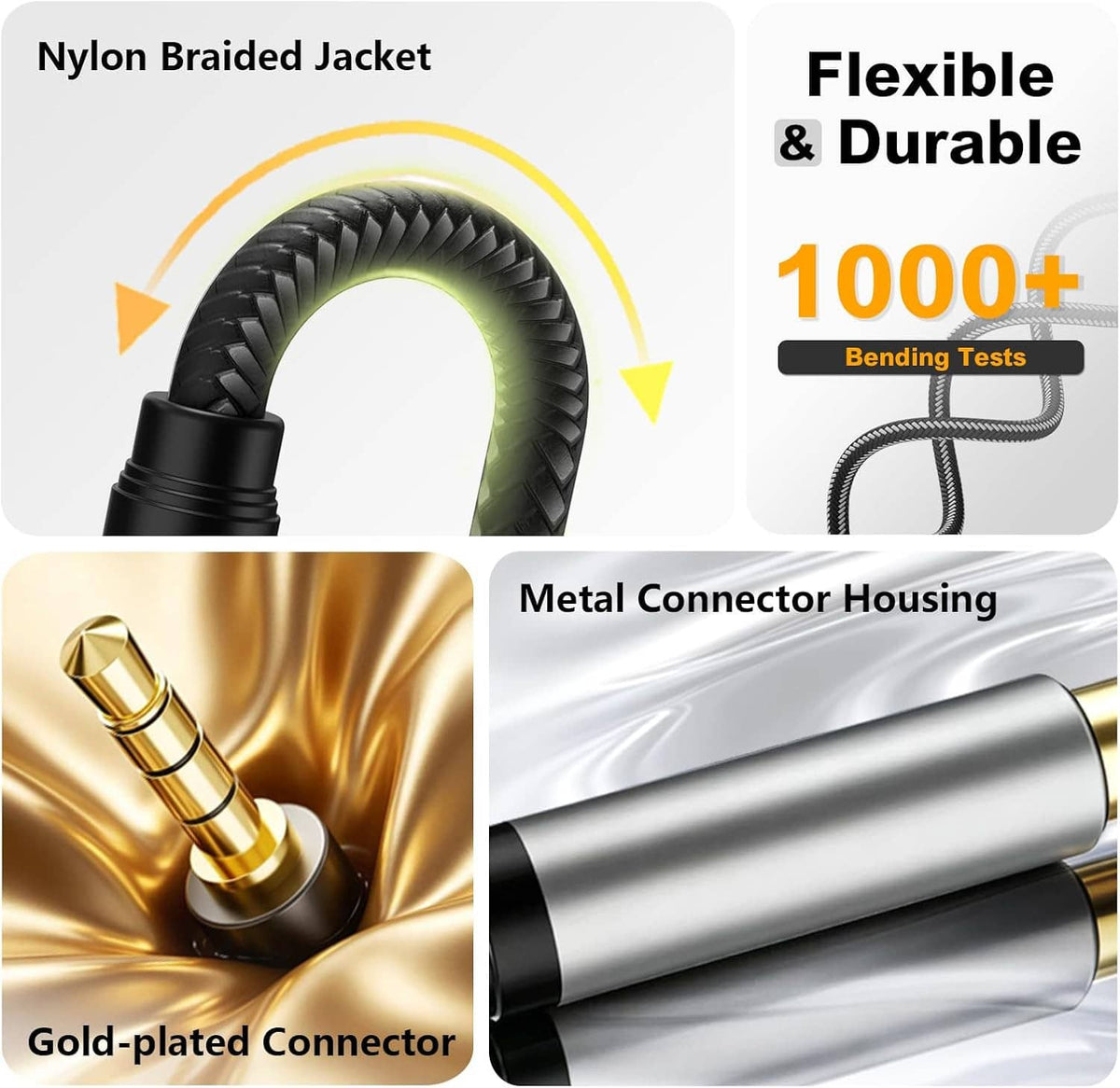 Nylon braided audio cable with gold-plated 3.5mm connector housings and metal body
