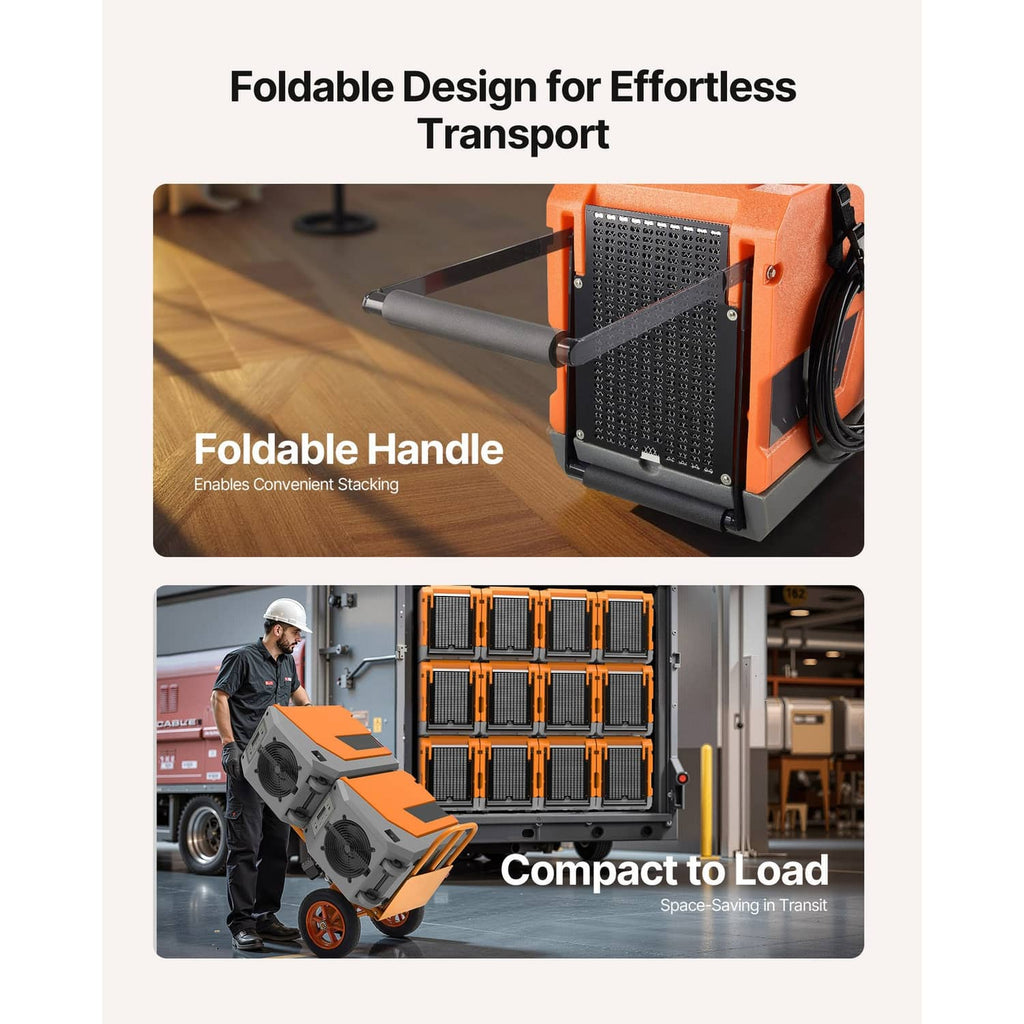 Dehumidifier with foldable handle for transport, orange and gray portable unit