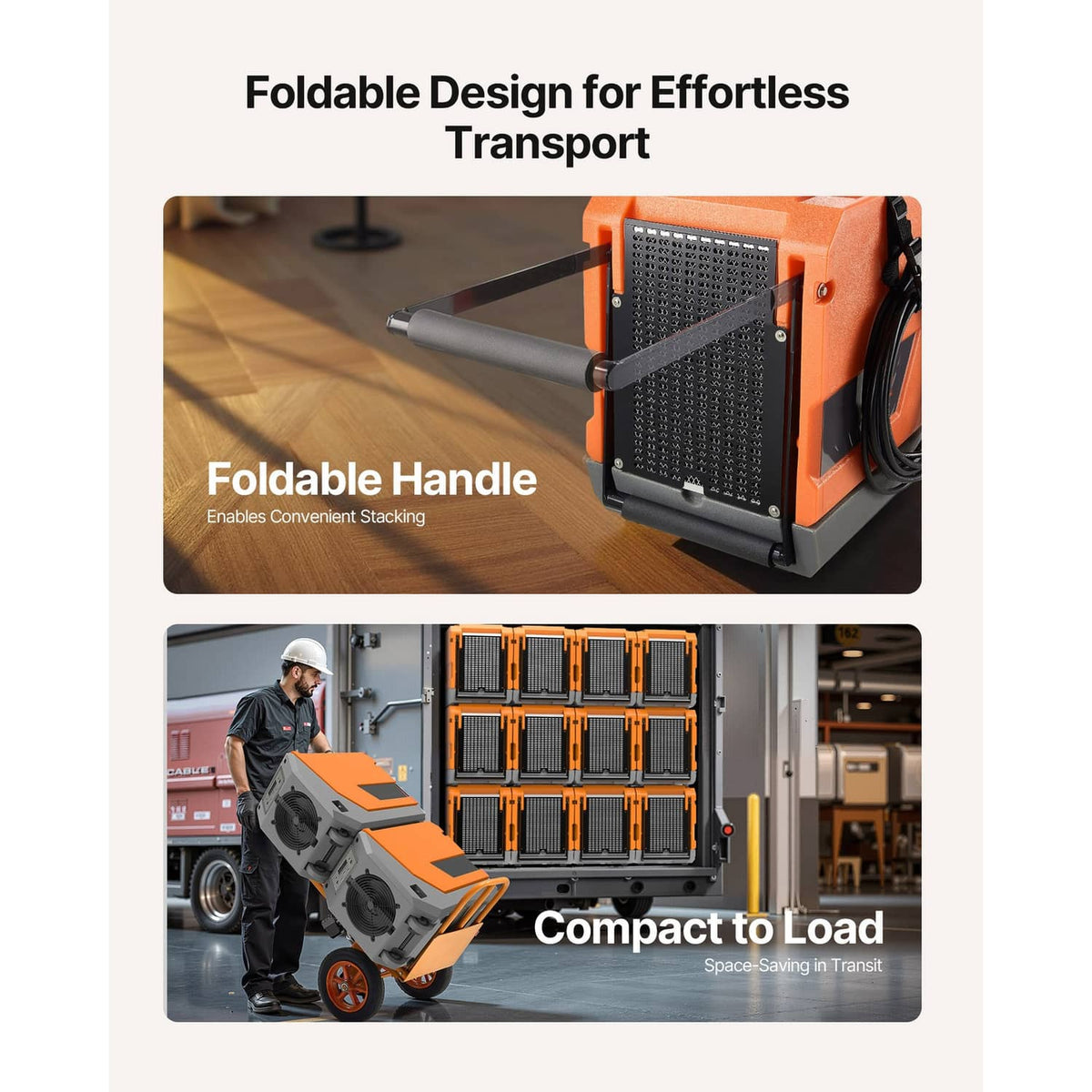 Dehumidifier with foldable handle for transport, orange and gray portable unit