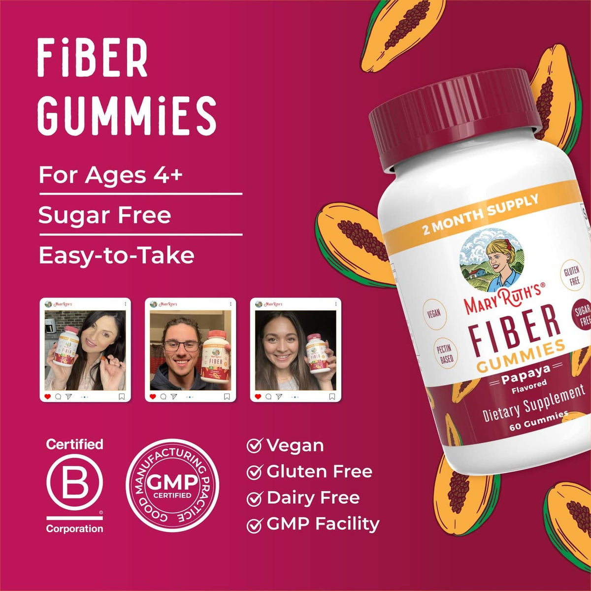 MARYRUTH'S Fiber Gummies bottle with maroon cap on purple panel with dietary badges