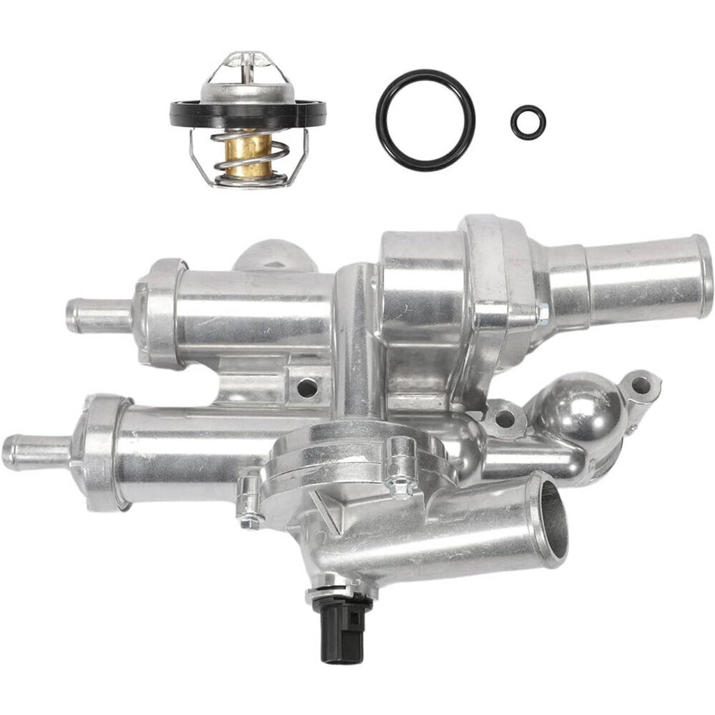 Aluminum thermostat housing assembly kit with thermostat, seals, and O-ring