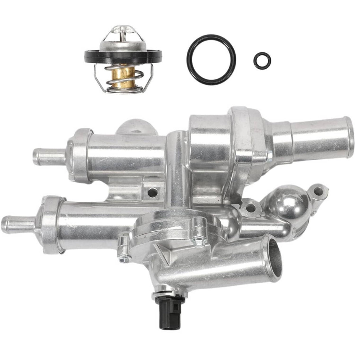 Aluminum thermostat housing assembly kit with thermostat, seals, and O-ring