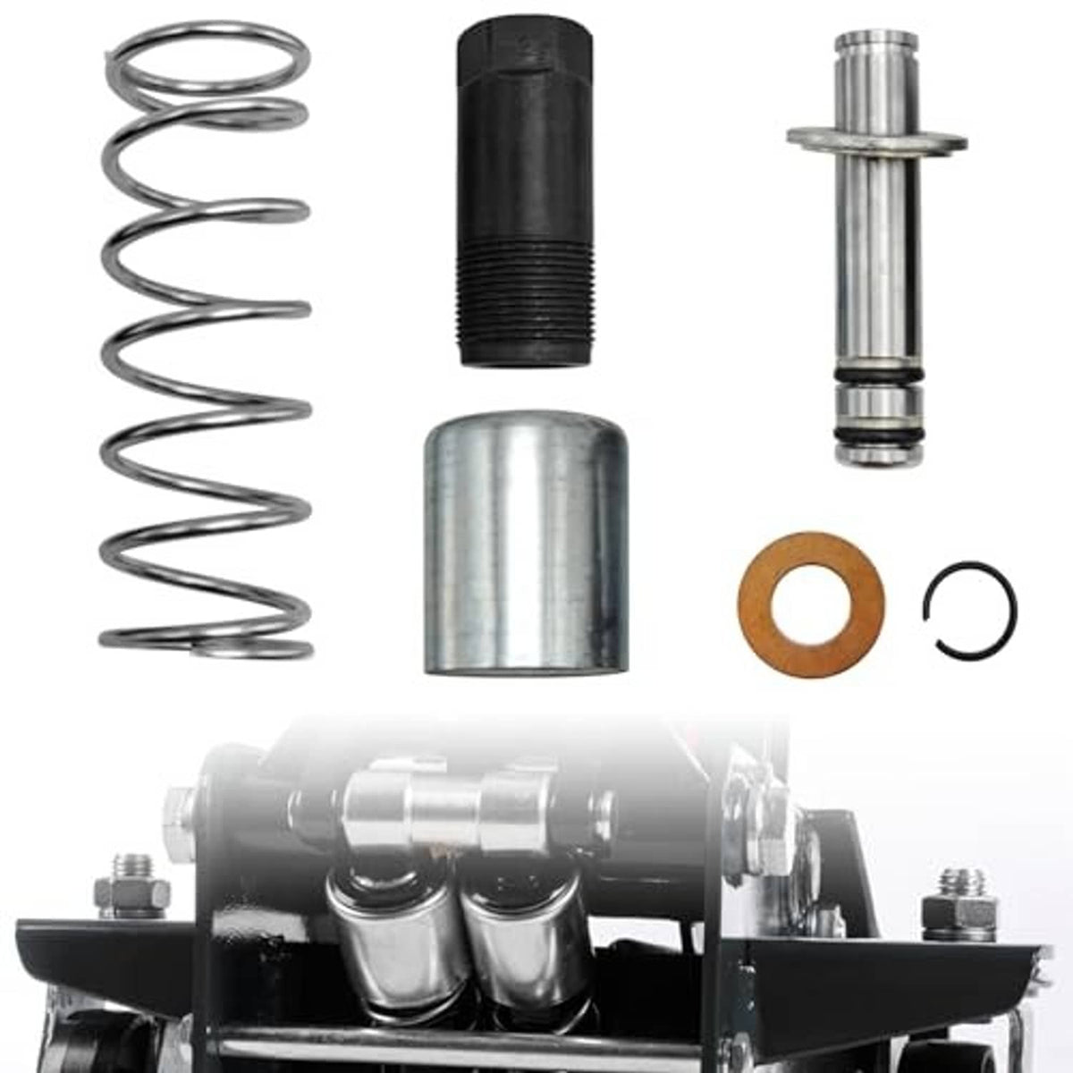 Hydraulic floor jack pump plunger kit: spring coil, black sleeve, silver cylinder, seals