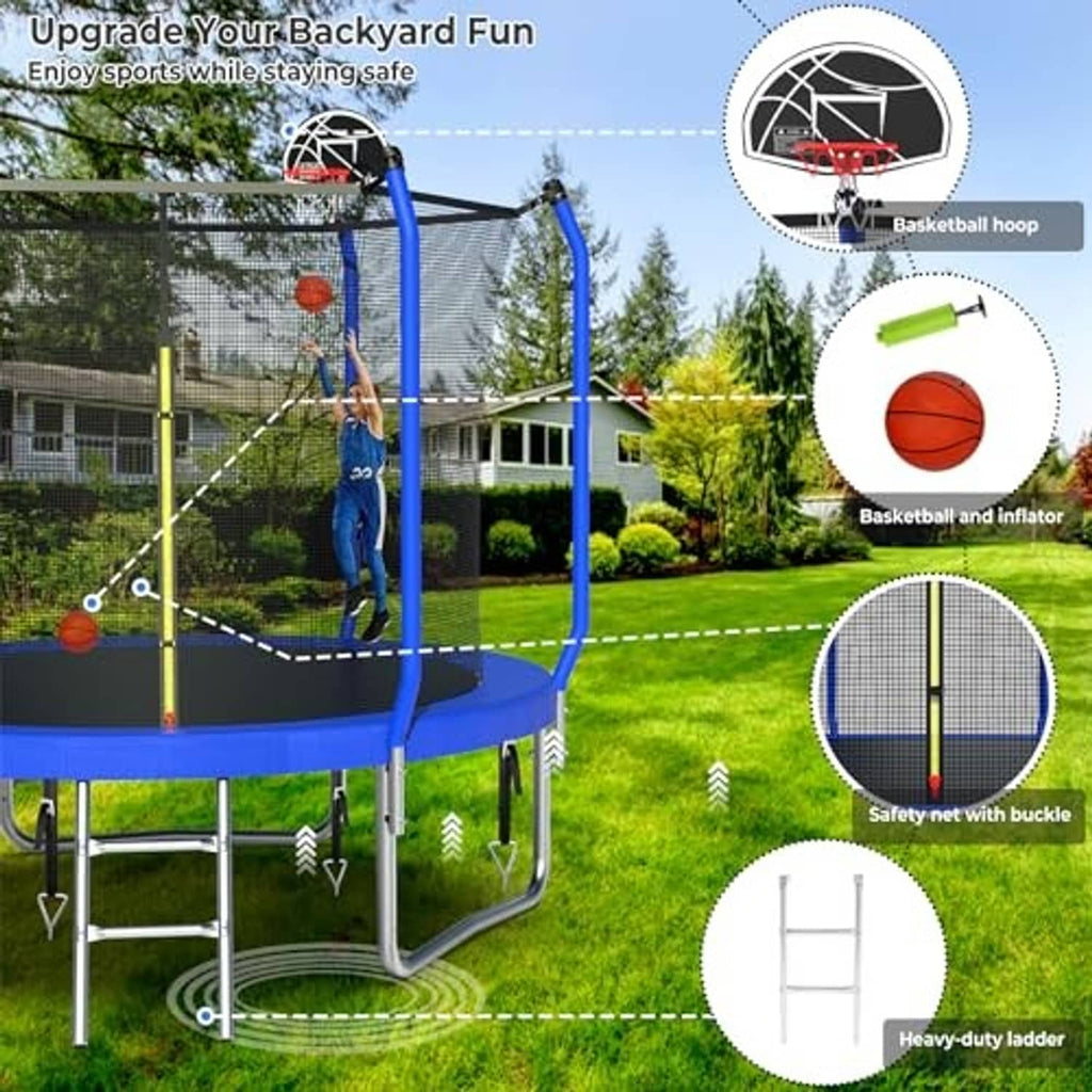 Blue trampoline with safety net and basketball hoop, with safety ladder and inflator shown