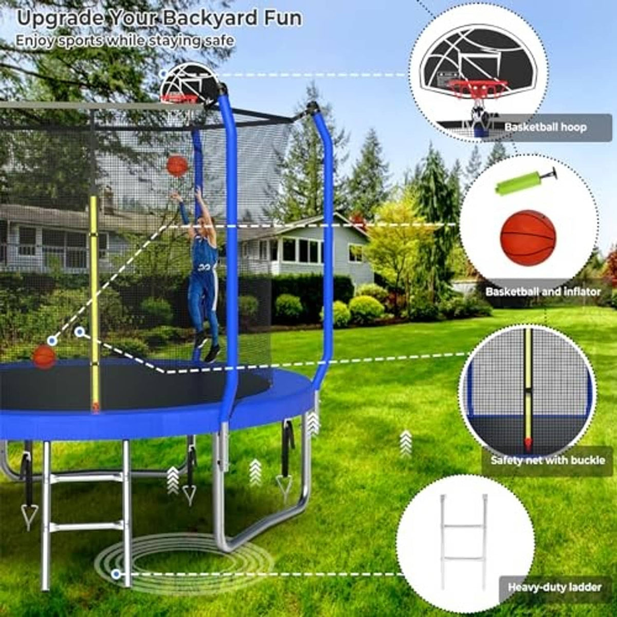 Blue trampoline with safety net and basketball hoop, with safety ladder and inflator shown