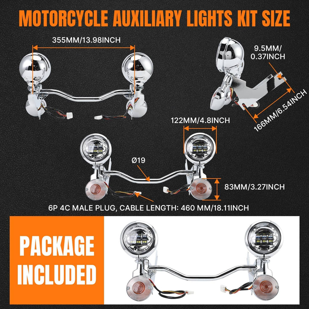 Motorcycle auxiliary LED lights kit diagram with dimensions and wiring plugs