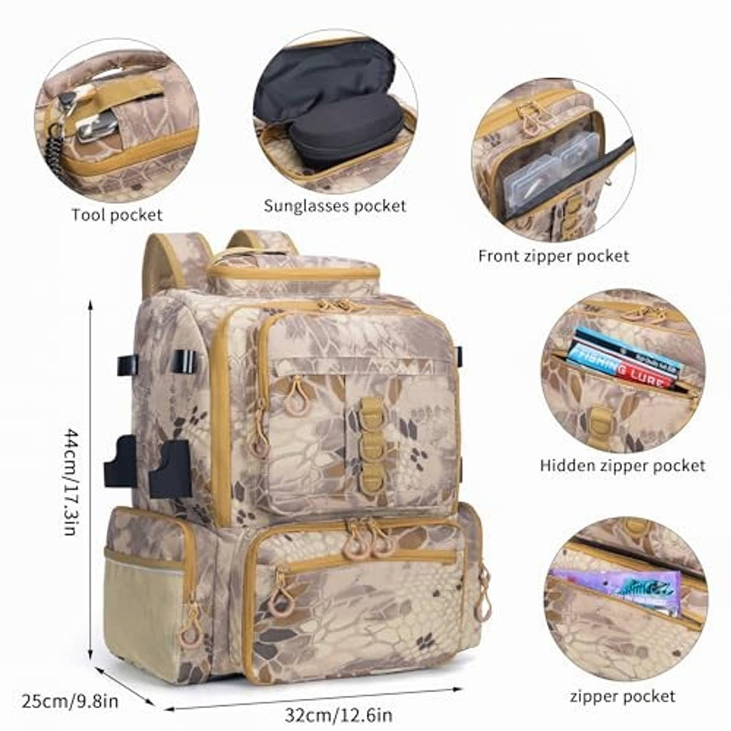 Khaki camo fishing tackle backpack with front tool pocket and hidden zipper pocket