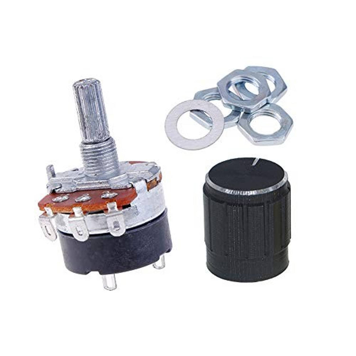 Rotary potentiometer with switch kit; black knob cap, metal shaft, mounting hardware