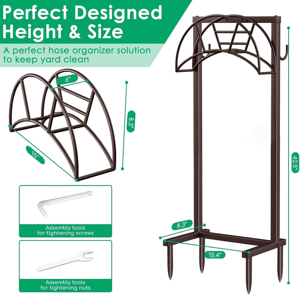 Bronze hose holder with four spikes, includes assembly tools shown near frame