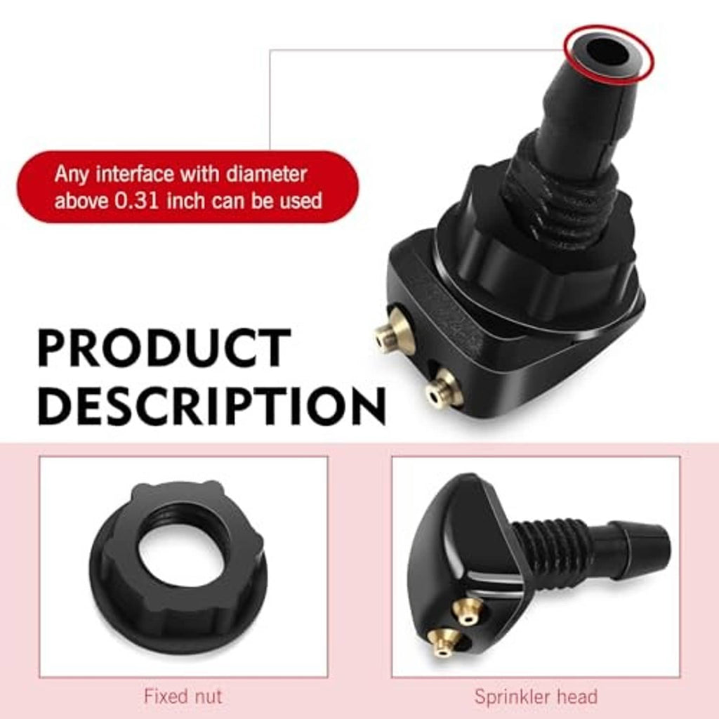Black windshield washer nozzle with brass outlets and threaded mounting connection.