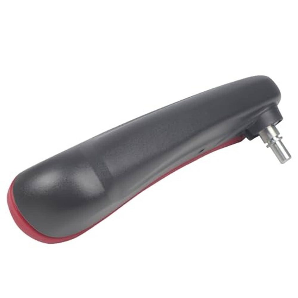 Curved red-and-black armrest with exposed metal post for installation