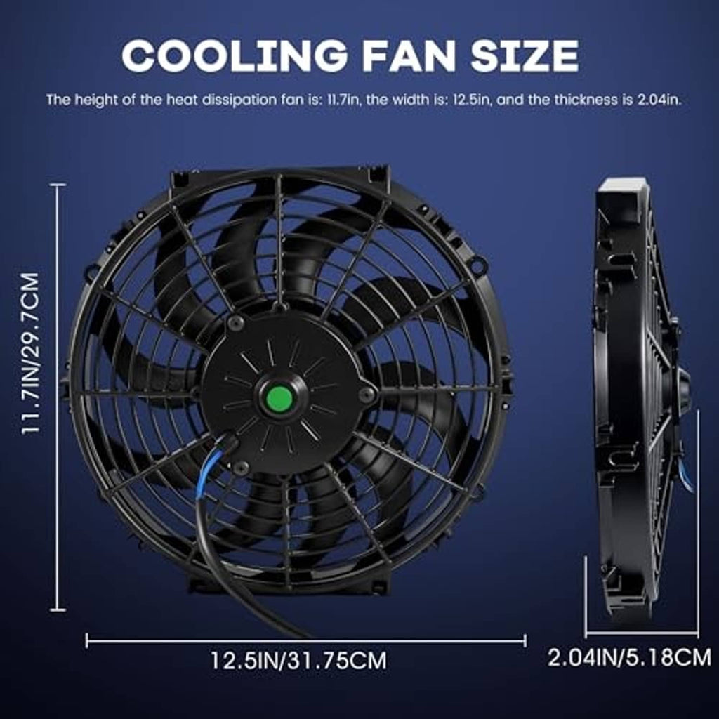12-inch radiator cooling fan front view with black housing and curved wire