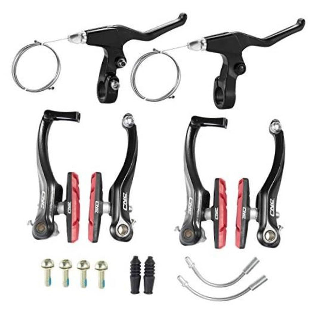 Bicycle linear pull V-brake set with black levers, red brake pads, mounting hardware