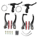 Bicycle linear pull V-brake set with black levers, red brake pads, mounting hardware