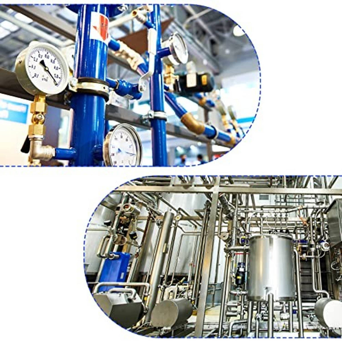 Nickel-plated 90° hose barb elbow fittings in an industrial pipe system