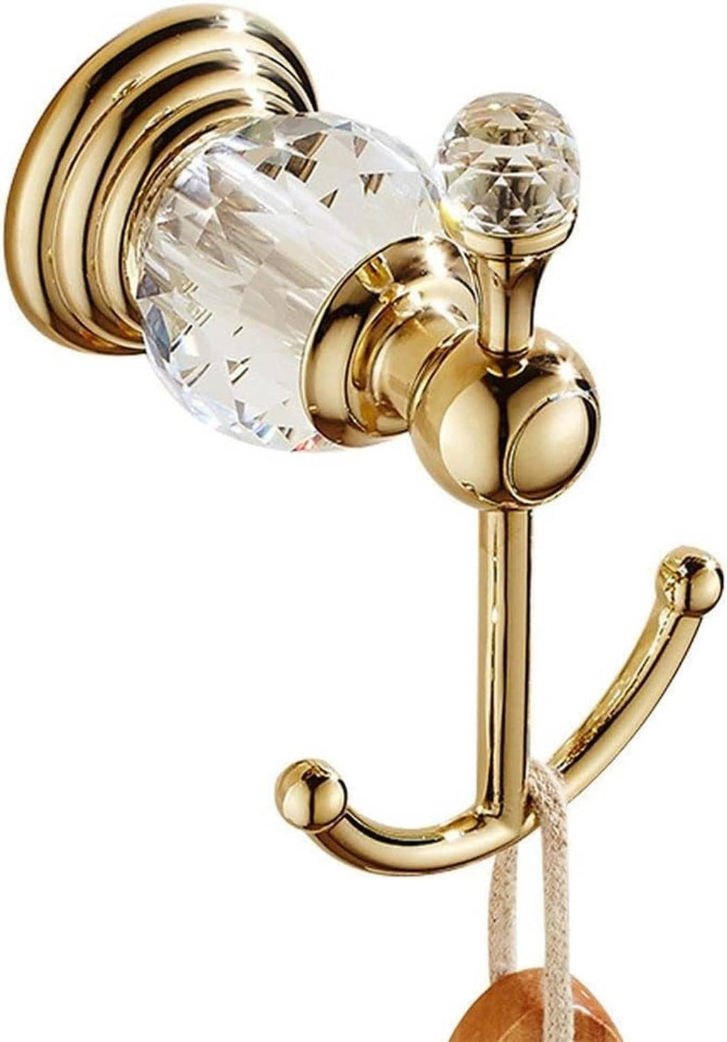 Gold towel holder with faceted crystal end cap and curved towel bar hook
