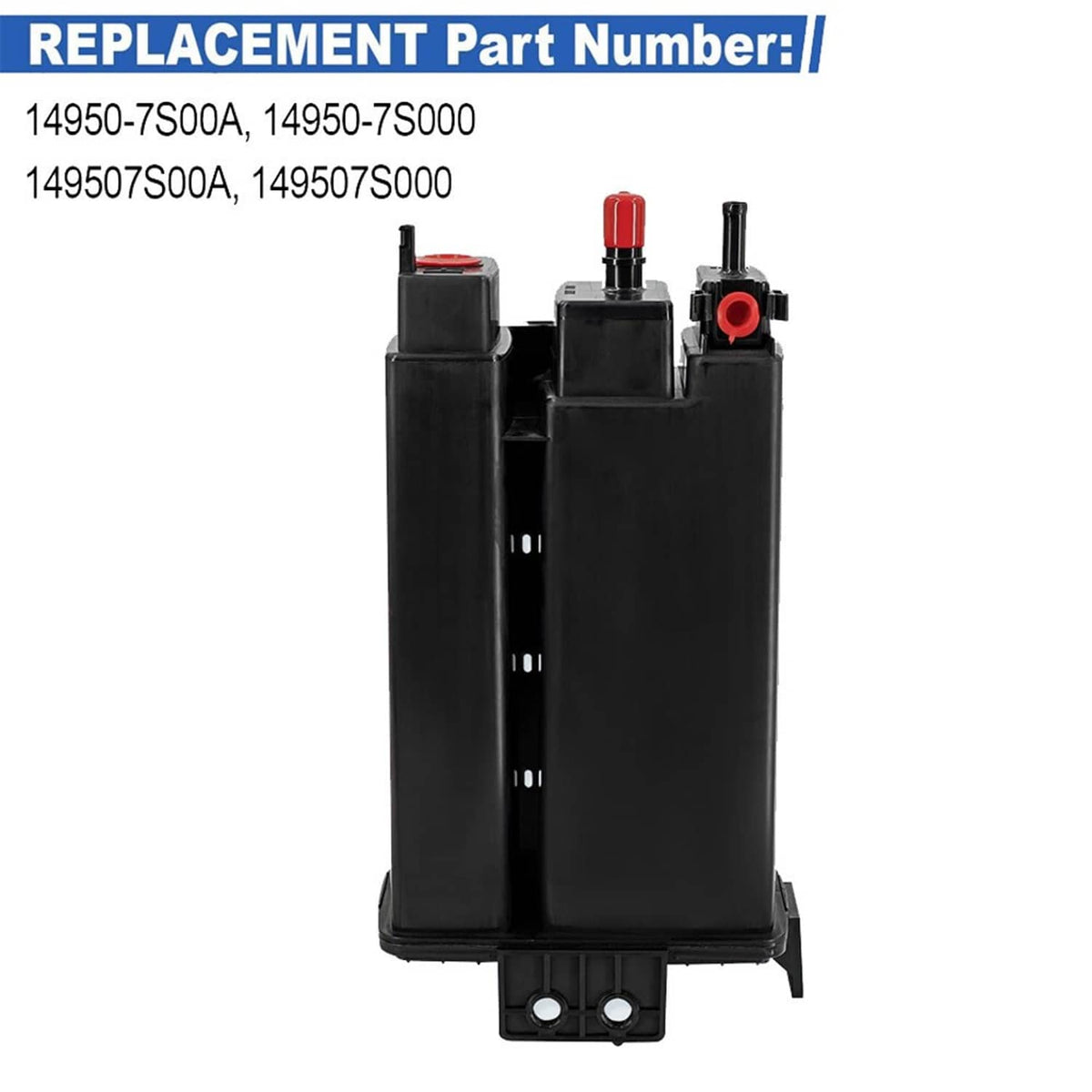 Black fuel vapor canister with red-topped vent and three connectors