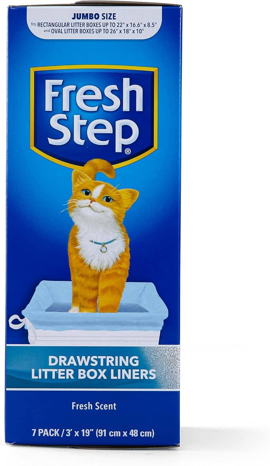 Fresh Step jumbo drawstring litter box liners box, blue with cat graphic
