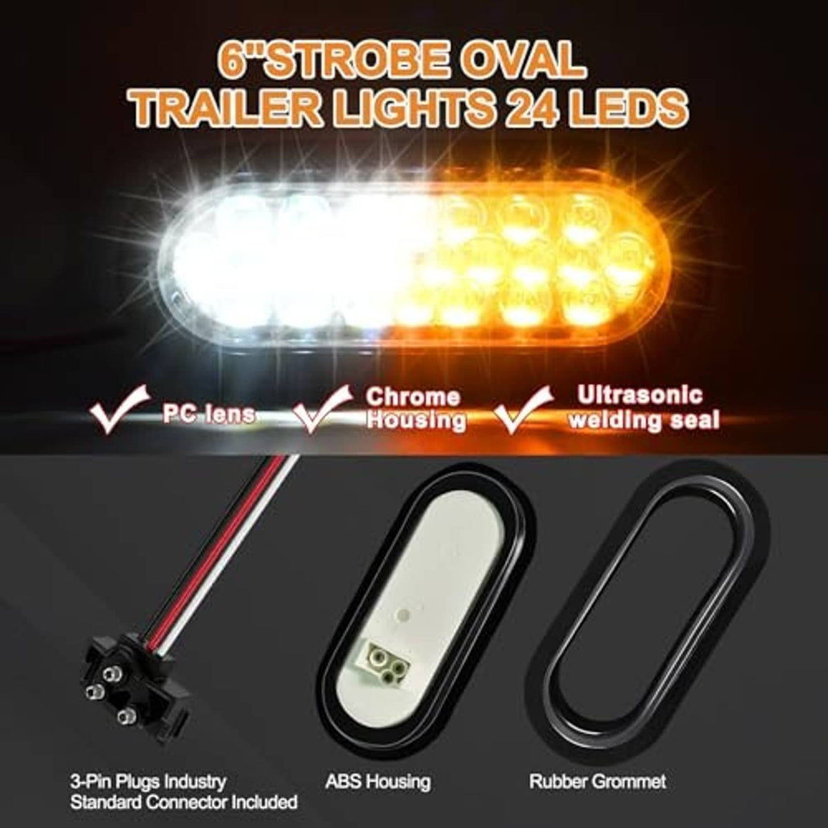 Oval LED strobe trailer light with amber/white LEDs, chrome housing, wiring and plug details