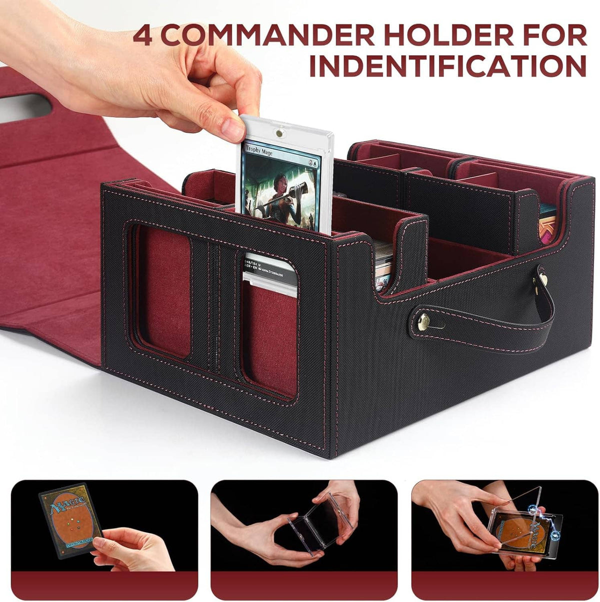 Commander deck holder case with hinged front, card display window, and pull-out divider sections.
