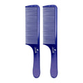 Two blue hair styling combs with fine teeth and curved handles