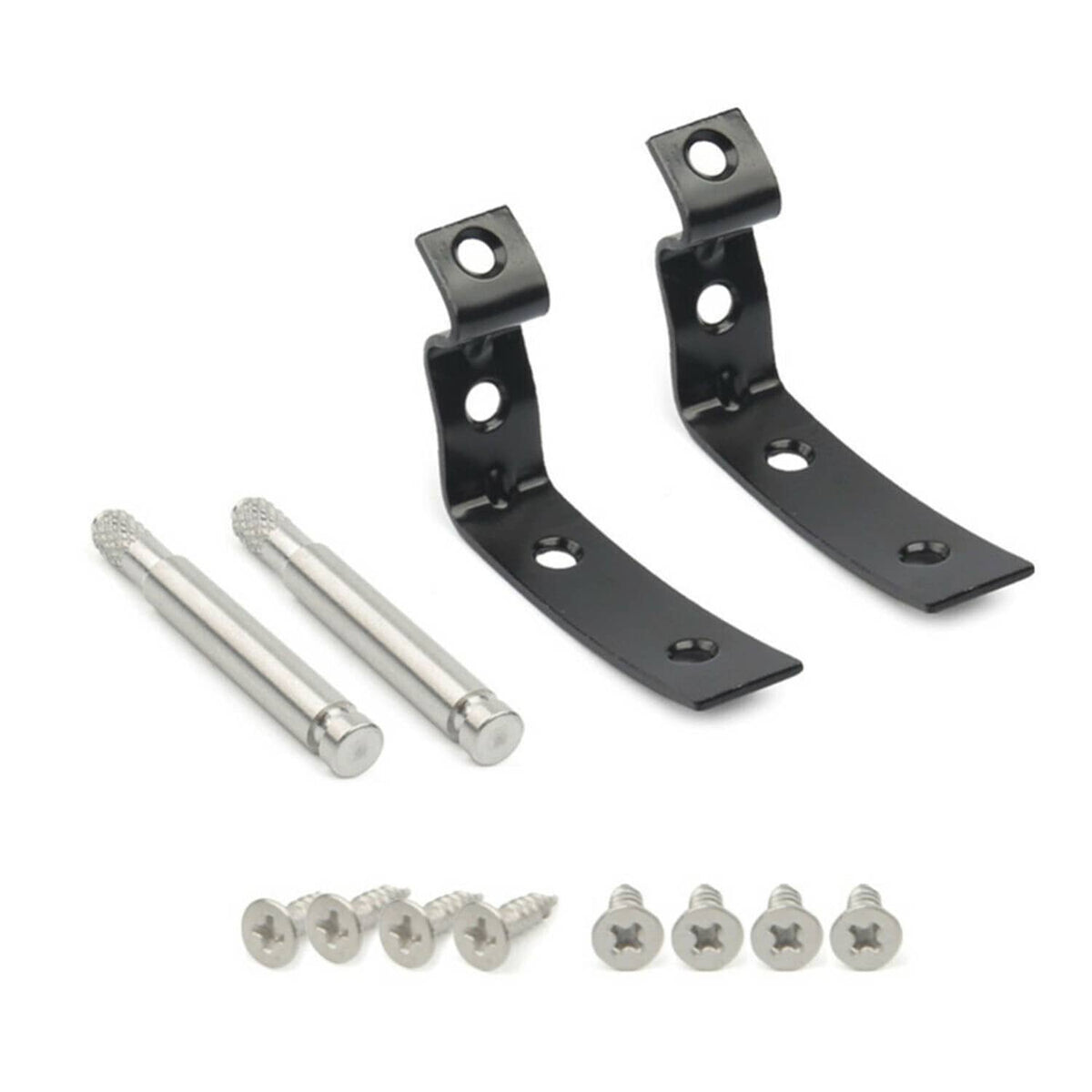 Glove box lid hinge repair bracket kit with two black brackets, pins, and screws