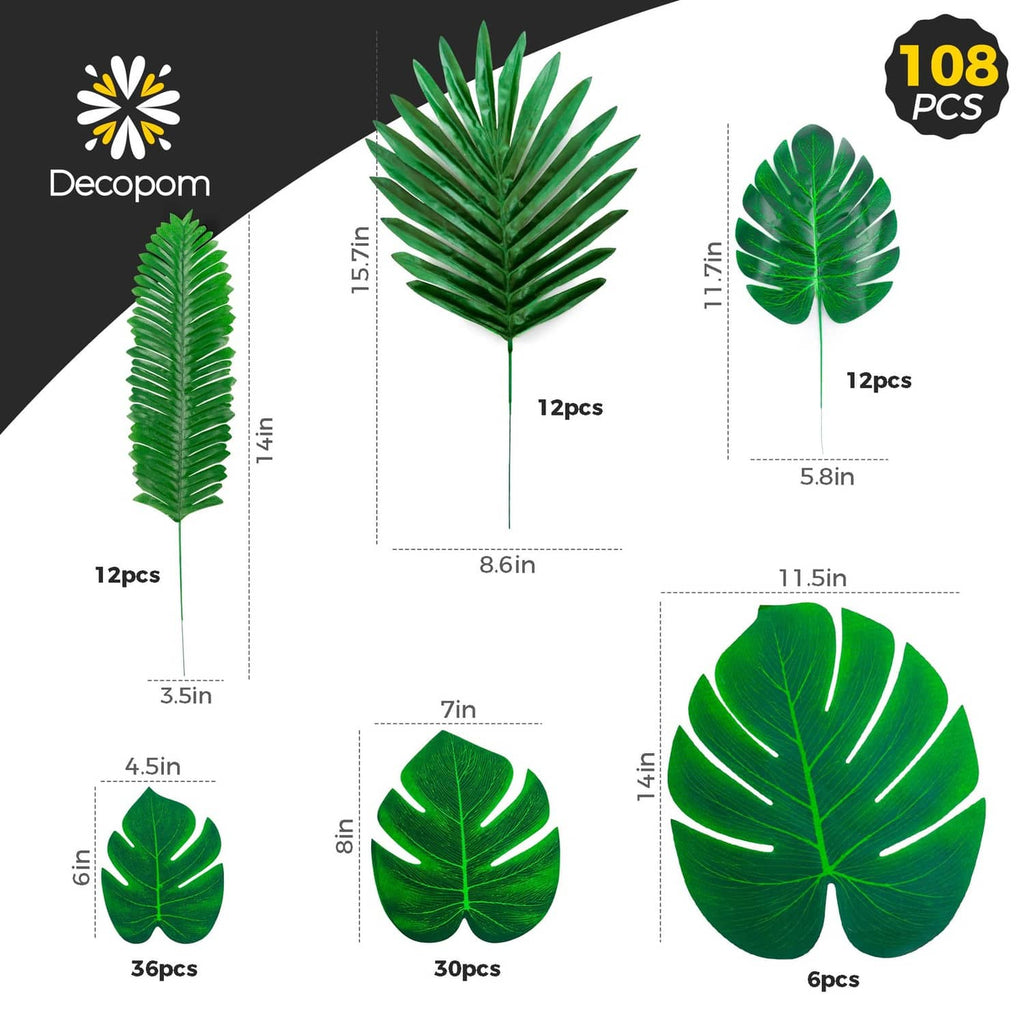 108-pack artificial tropical leaf set, green monstera and palm leaves, 6 styles