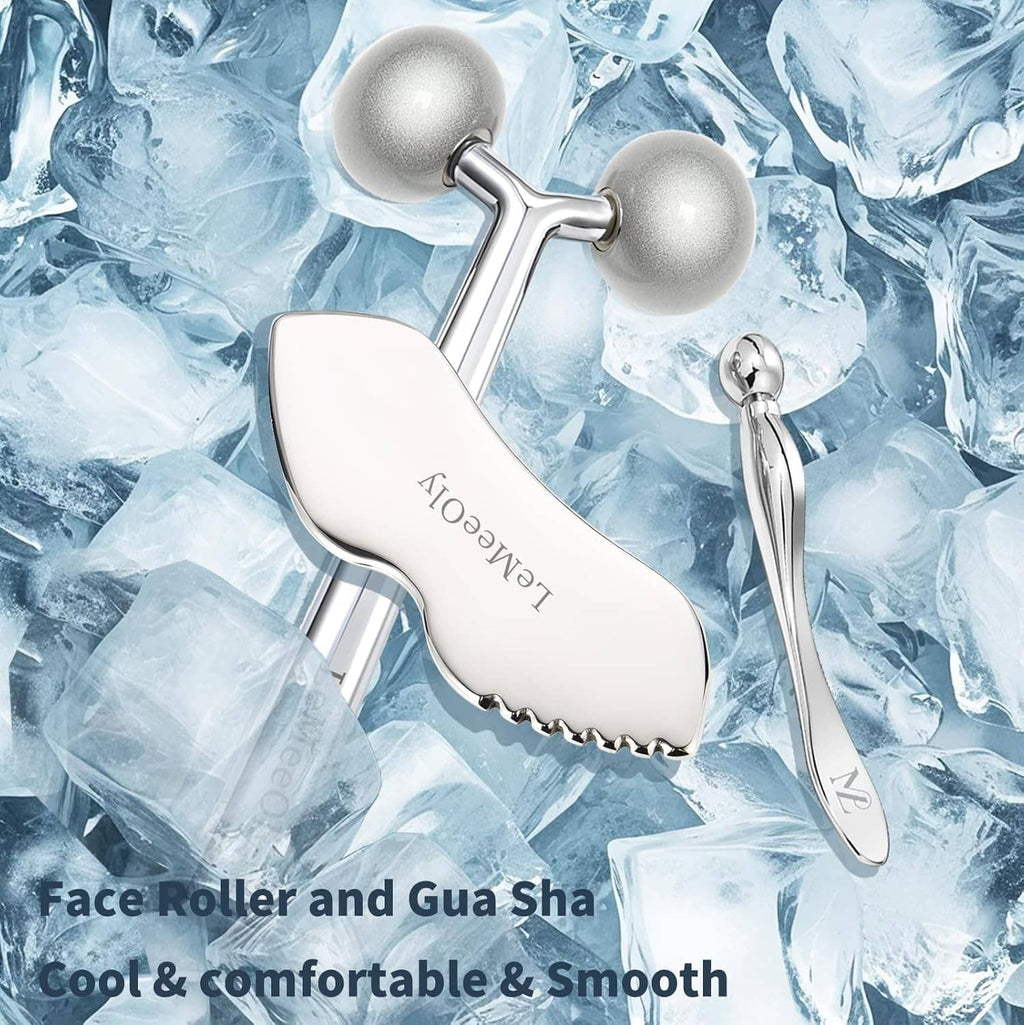 Facial roller and gua sha set with two bead rollers and curved scraping plate, silver