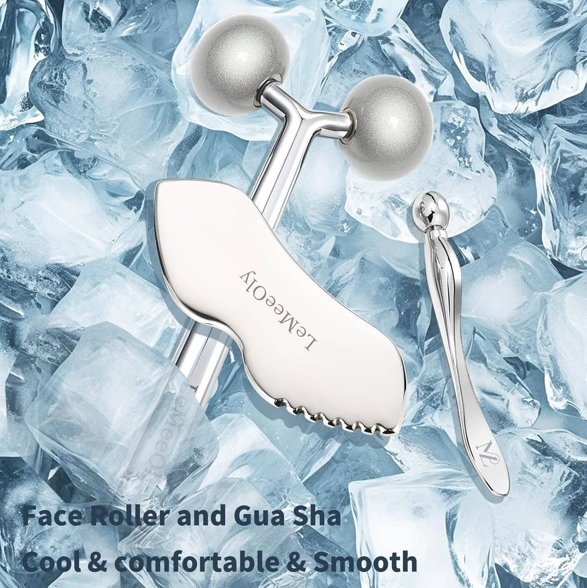 Facial roller and gua sha set with two bead rollers and curved scraping plate, silver