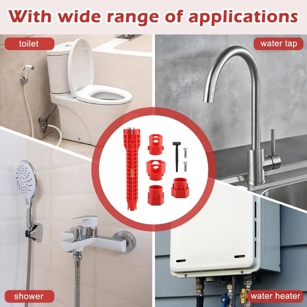Red 14-in-1 sink wrench kit with multiple socket attachments for plumbing installation