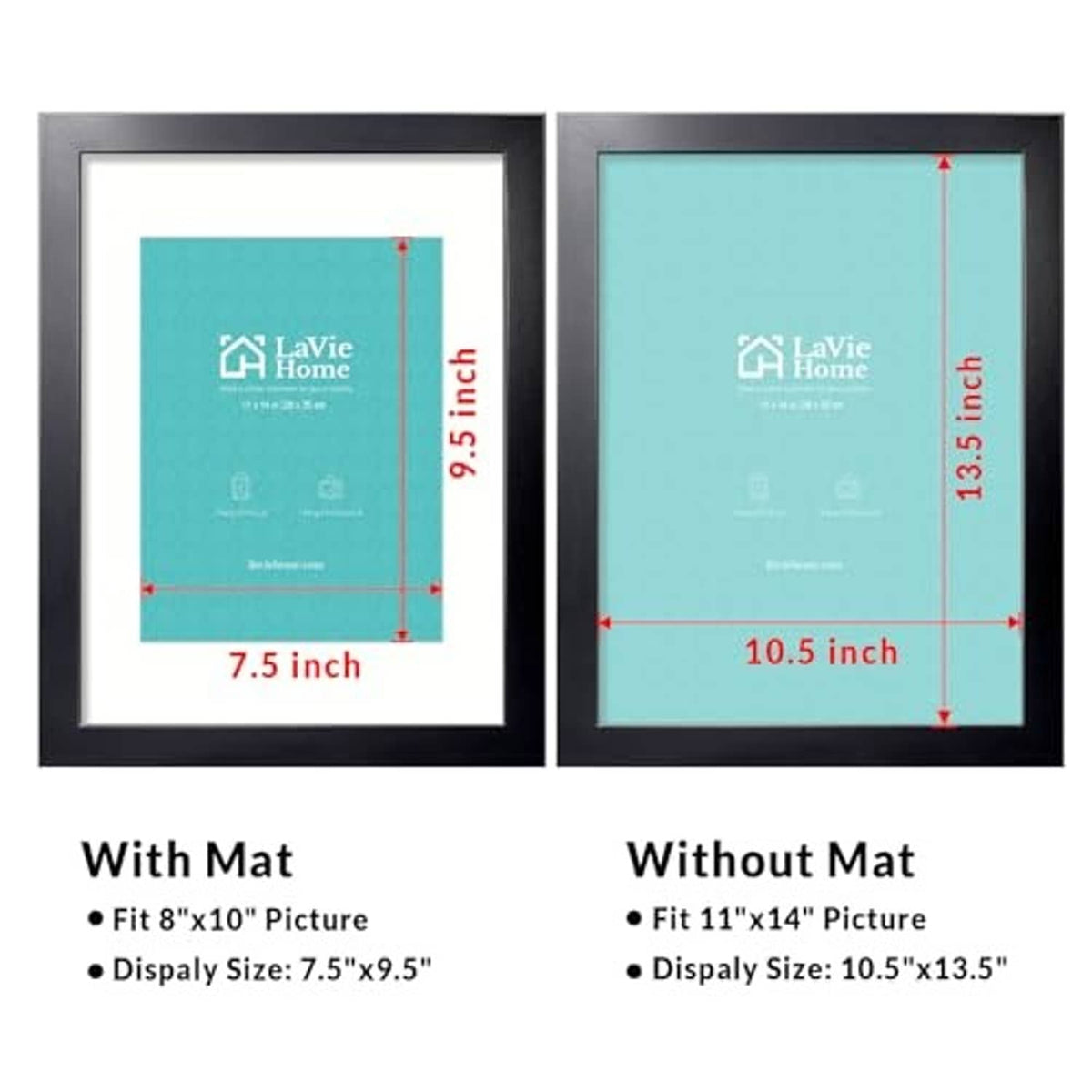 Two black 11x14 picture frames shown: with mat and without mat openings for photos