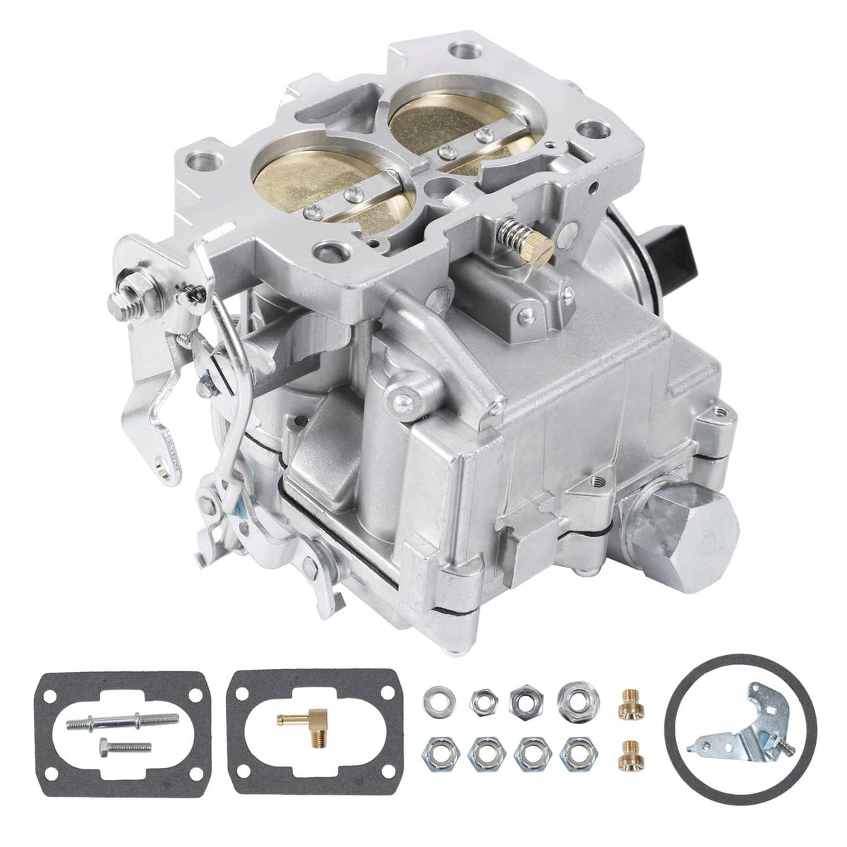 Marine carburetor assembly with included gaskets and brass fittings—silver metal housing.