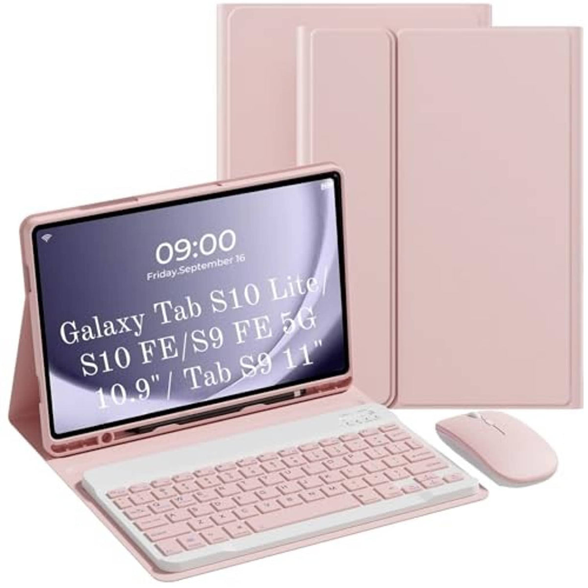 Pink folio keyboard case with stand, built-in keyboard, and matching wireless mouse
