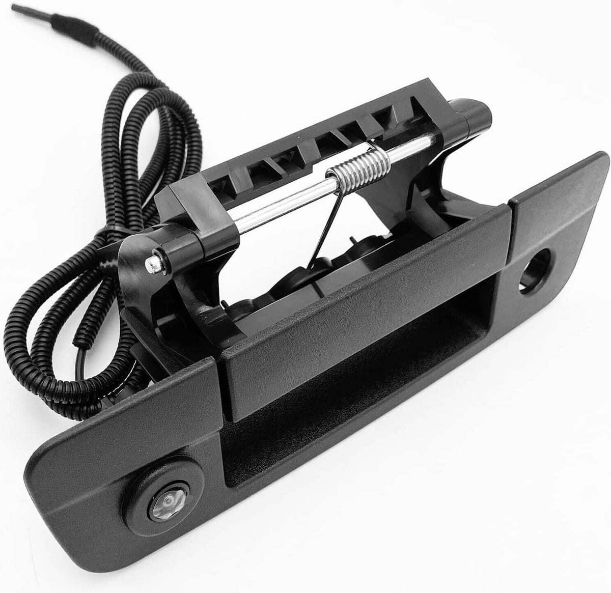 Black rear tailgate handle backup camera with extended bracket and lens