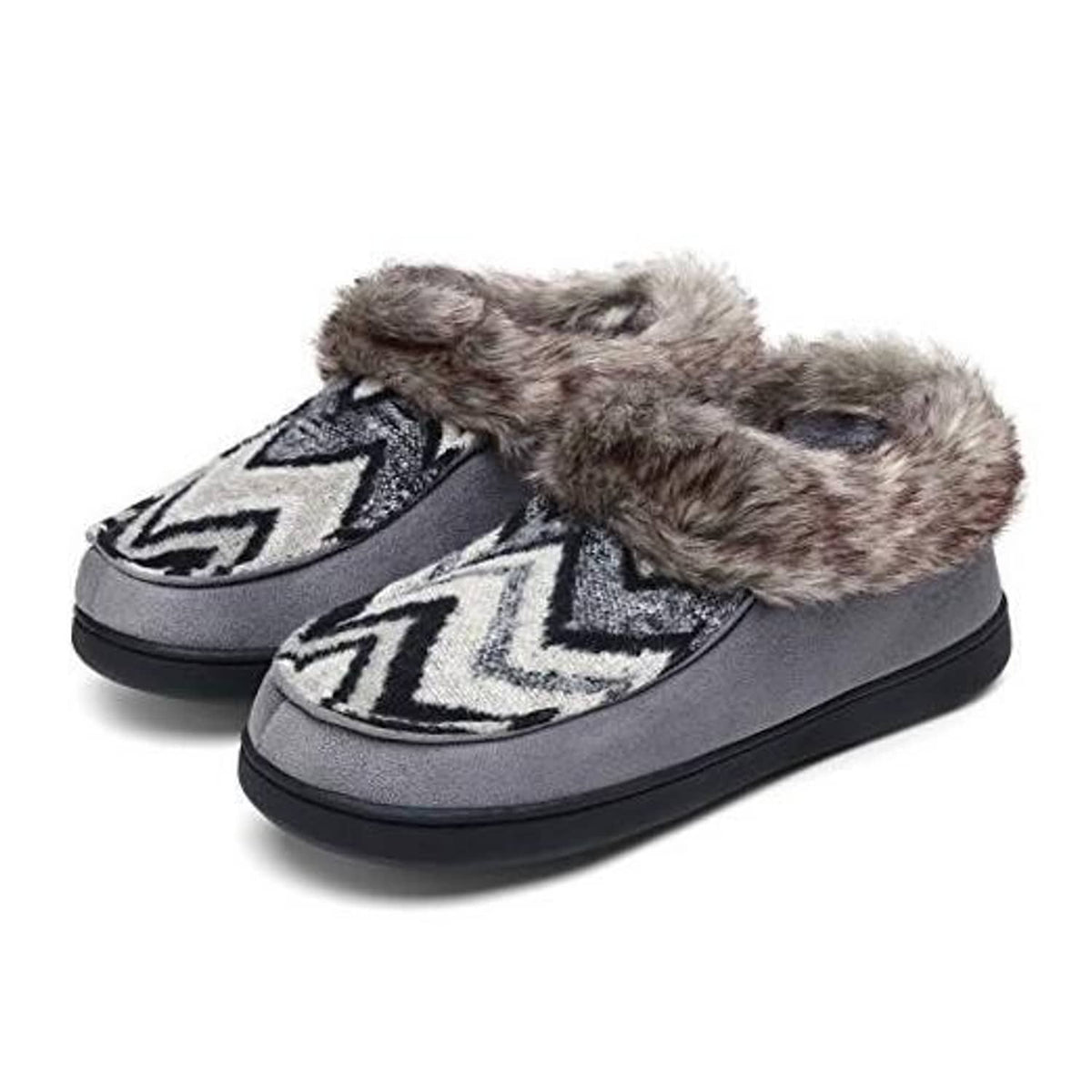 Grey moccasin house shoes with plush faux-fur cuff and zigzag stripe upper, black sole.