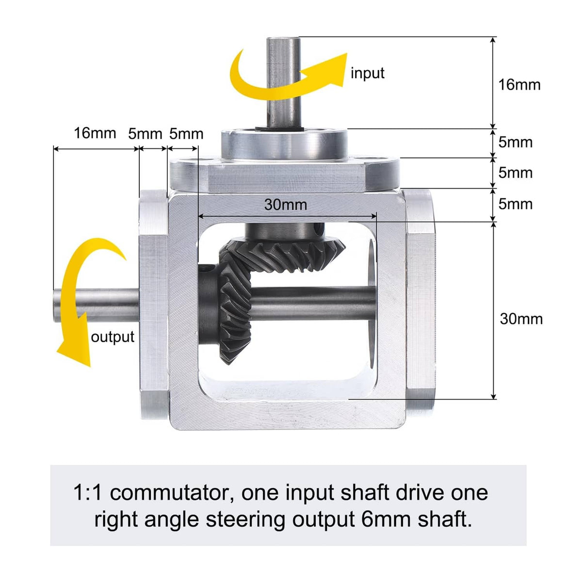 Silver right angle bevel gearbox with input and output shafts, black bevel gear