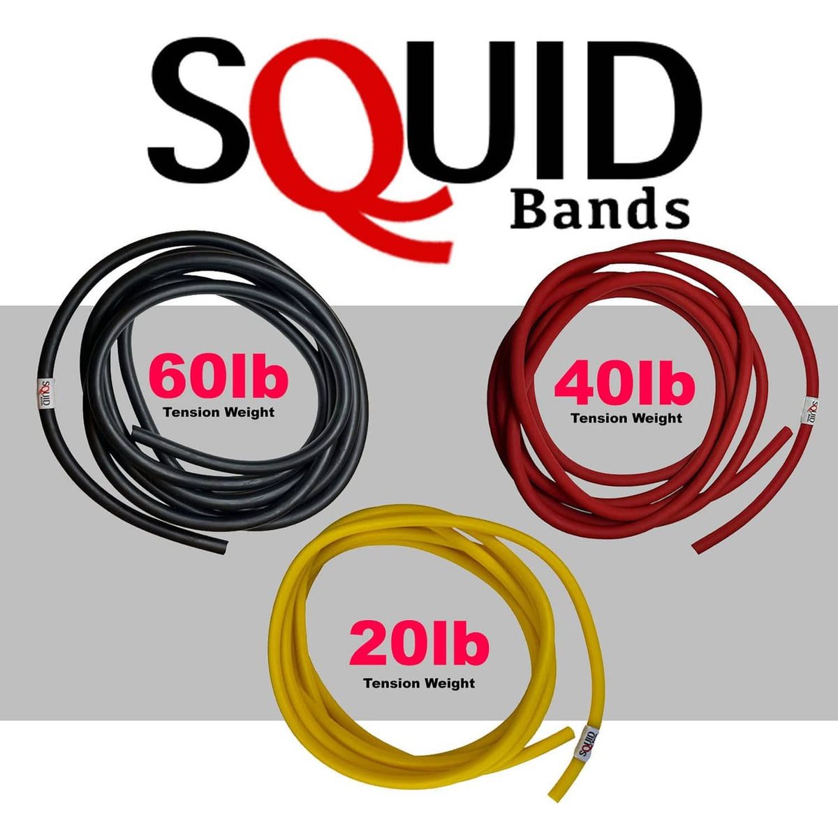 SQUID Bands 3-band set: black 60 lb, red 40 lb, yellow 20 lb, coiled loops