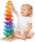 Wooden rainbow music marble run tree toy with stacked colored channels and marbles