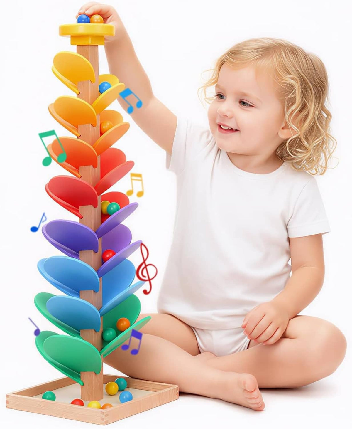 Wooden rainbow music marble run tree toy with stacked colored channels and marbles
