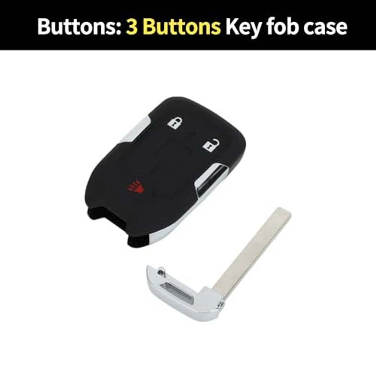 Black key fob shell case with silver key blade, visible lock and unlock icons