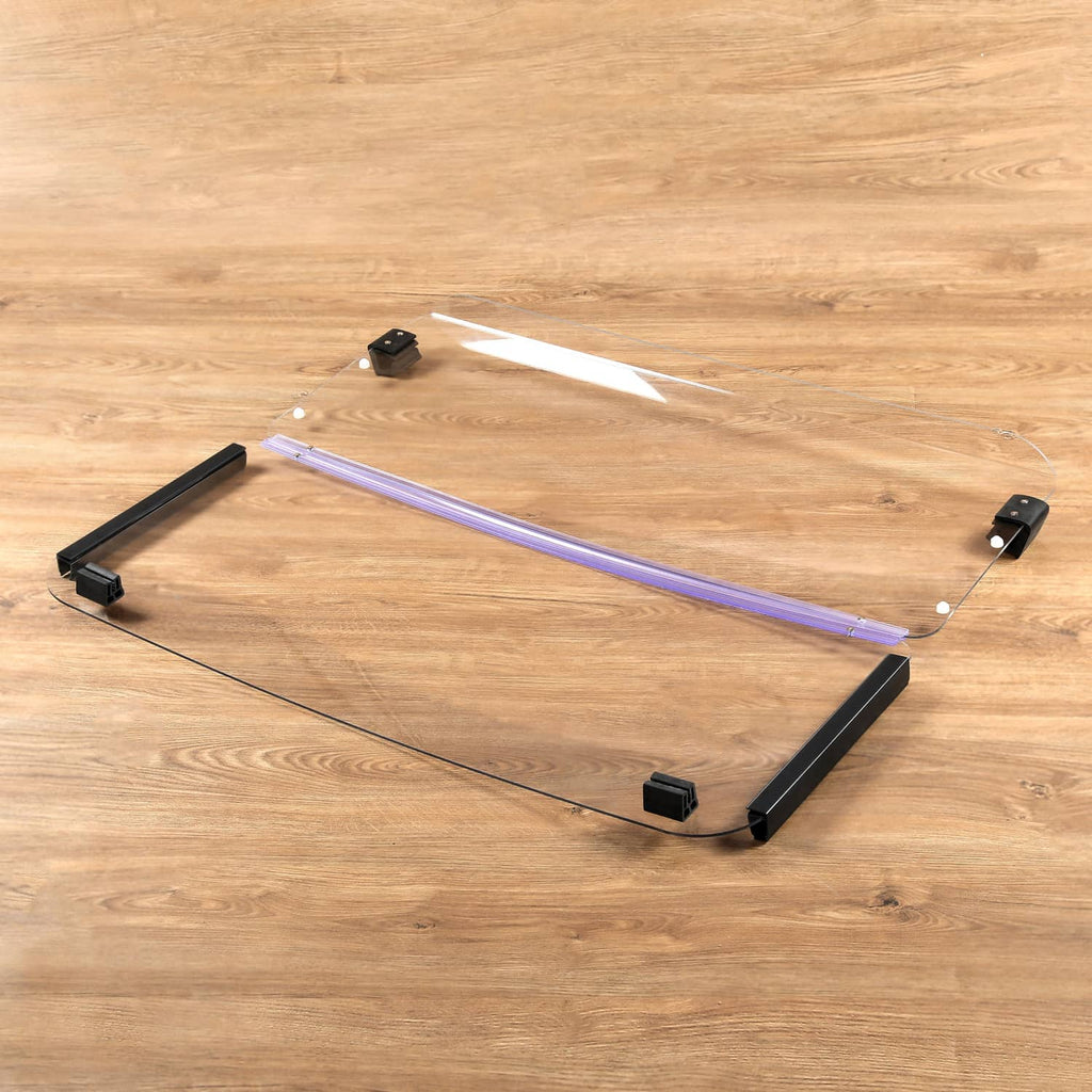 Clear folding golf cart windshield with black base frame and blue trim rails