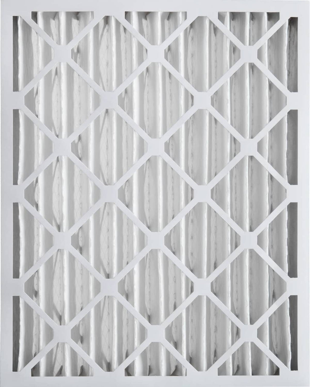Close-up of pleated white air filter media with diamond-pattern support grid