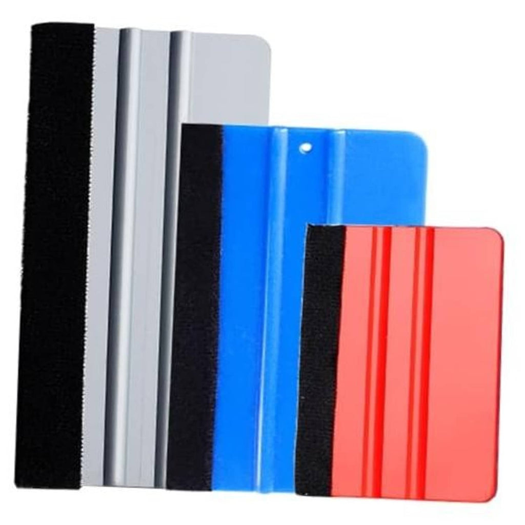 Felt vinyl wrap squeegee set, red, blue, and light gray blades with black felt edges