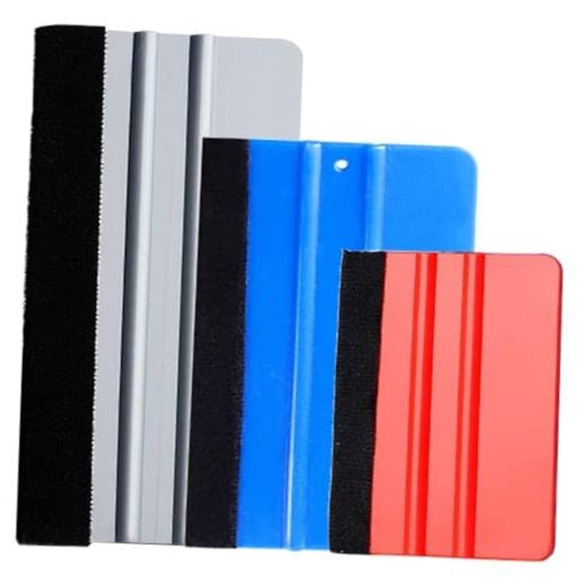 Felt vinyl wrap squeegee set, red, blue, and light gray blades with black felt edges